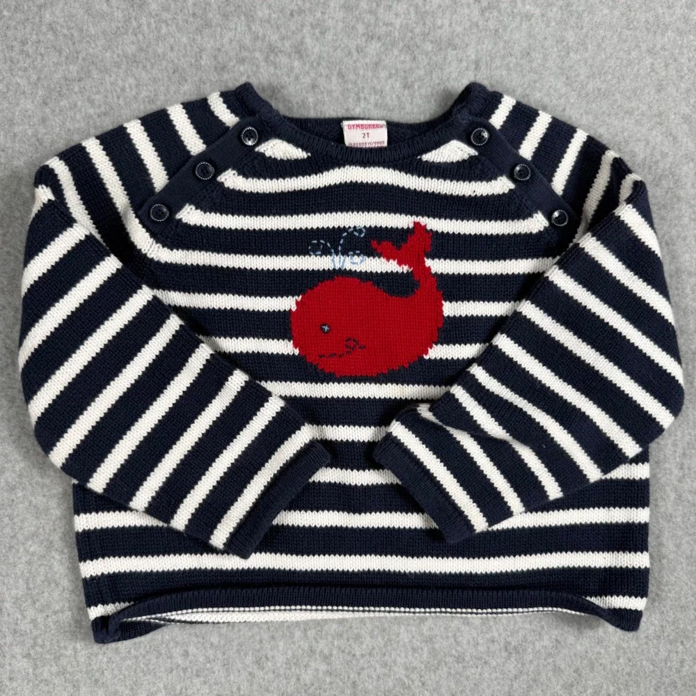 Gymboree Whale Knit Sweater 2T Navy White Striped Coastal Nautical Preppy